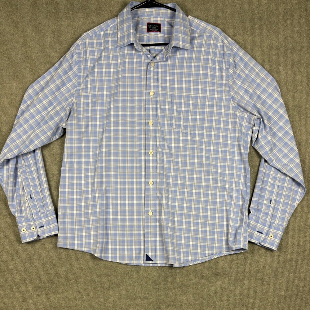 UNTUCKit Zonte Button Down Mens Large Blue Plaid Relaxed Fit Stretch Shirt 40458